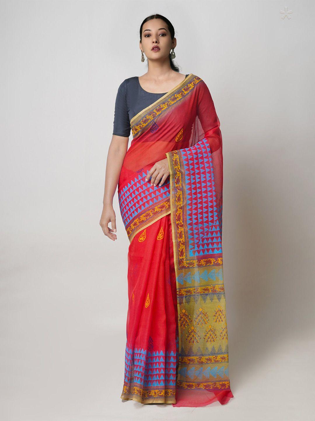 unnati silks red & blue ethnic motifs pure cotton kota saree