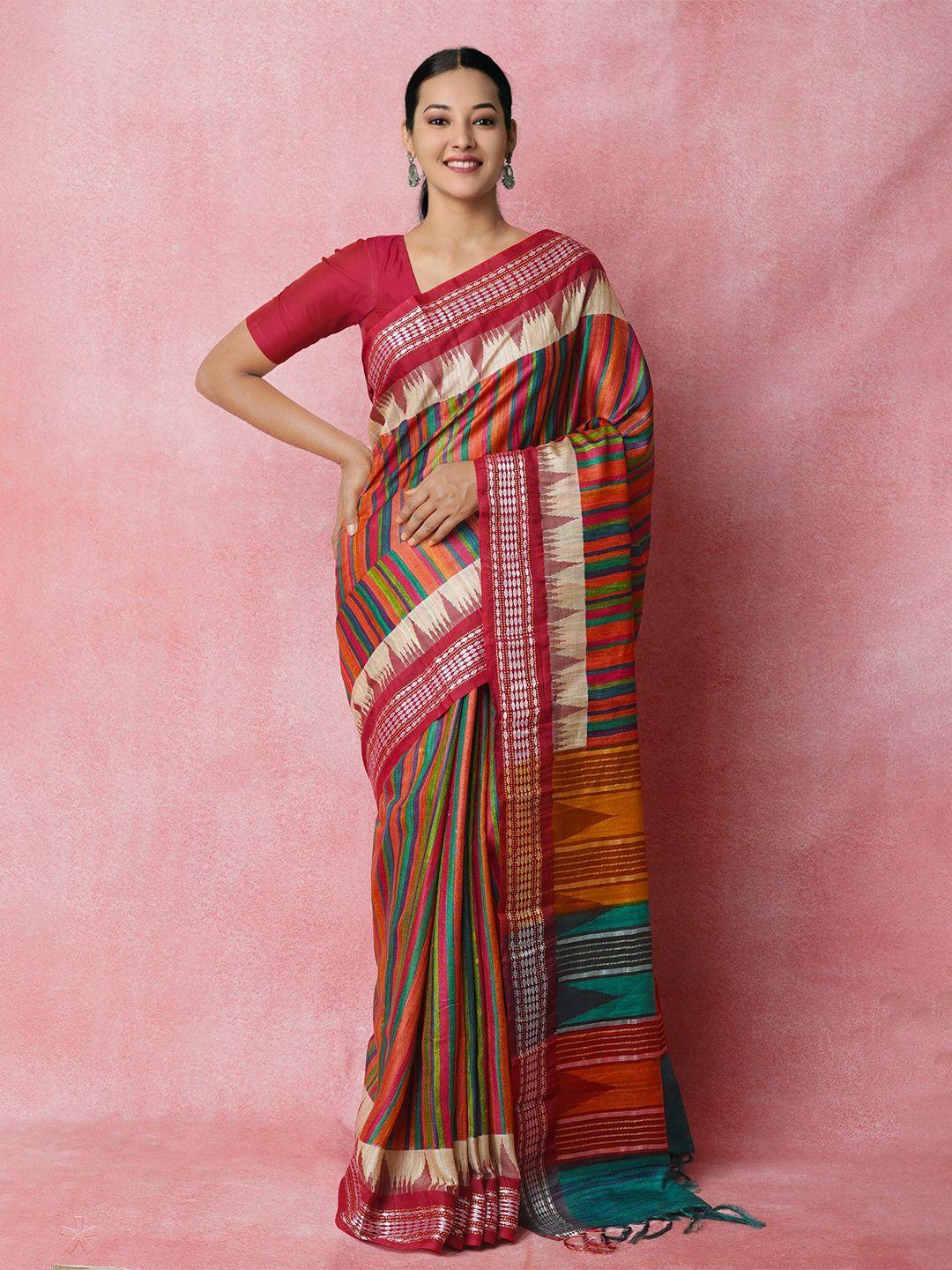 unnati silks red & blue ethnic motifs zari jute silk handloom tussar saree