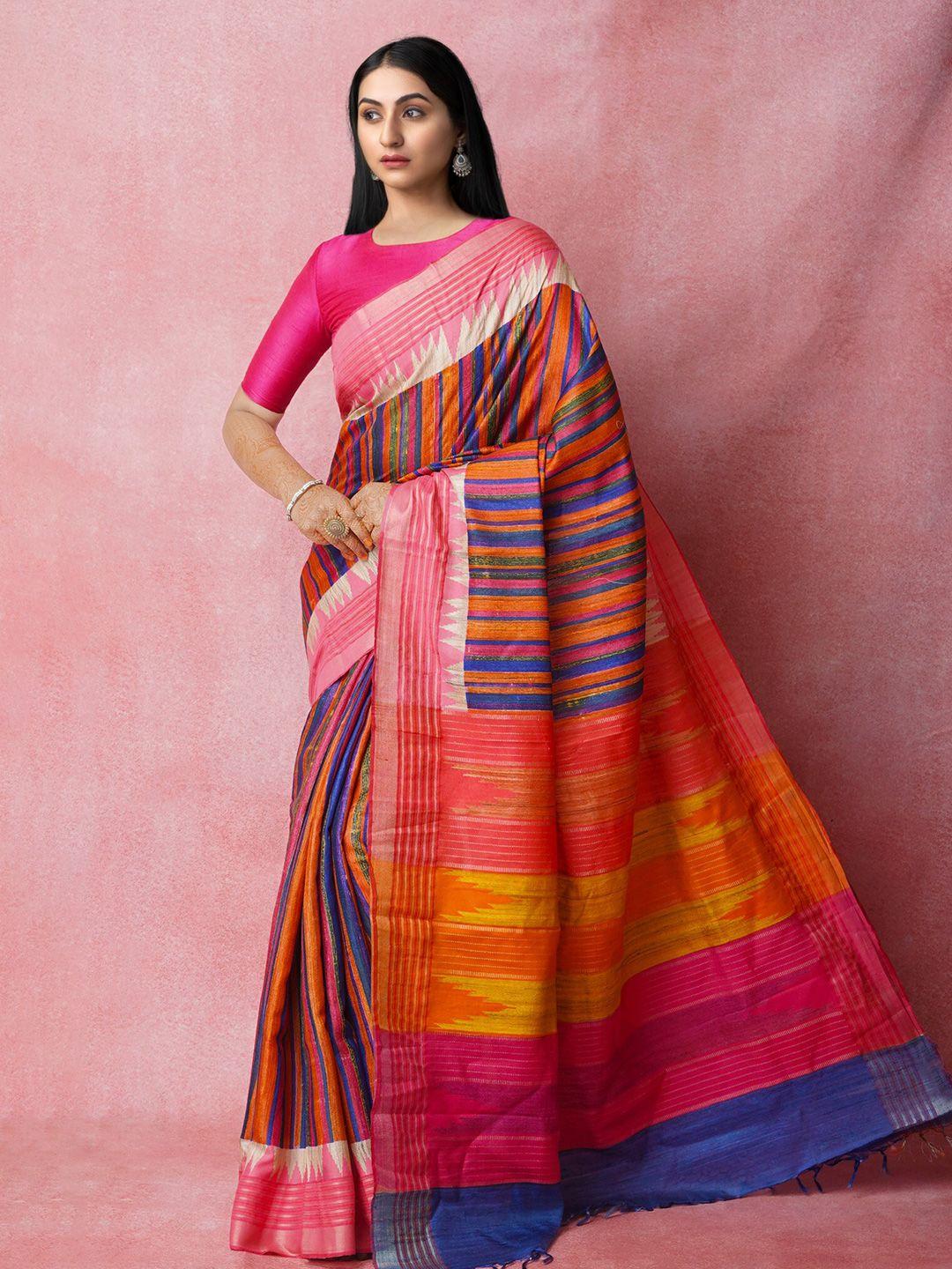 unnati silks red & blue ethnic motifs zari jute silk tussar saree