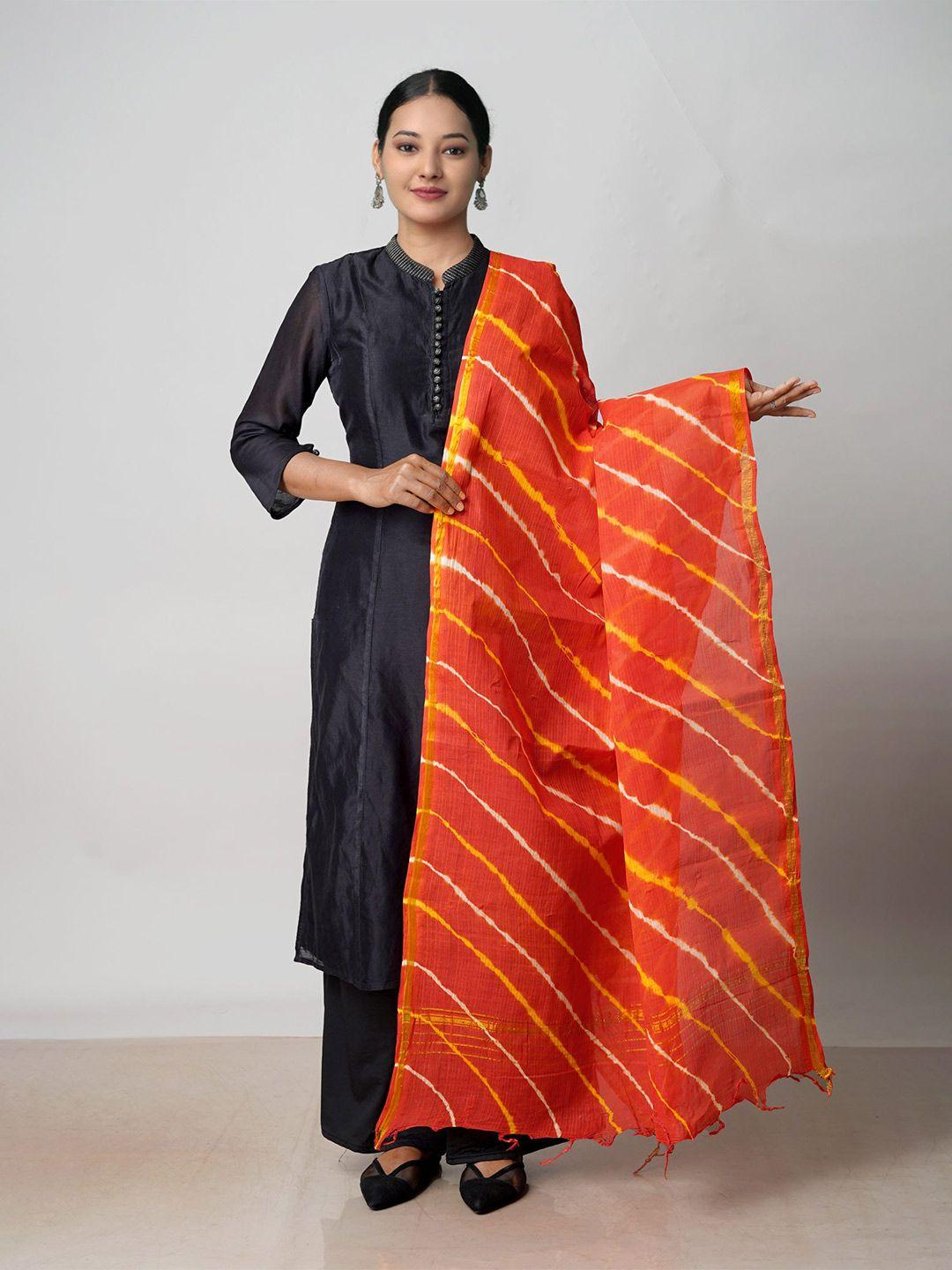 unnati silks red & gold-toned printed pure cotton leheriya dupatta with zari