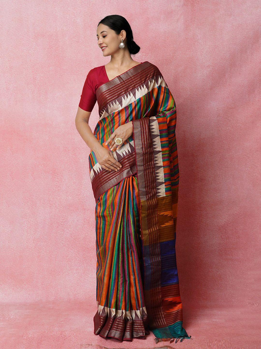 unnati silks red & green ethnic motifs zari jute silk tussar saree