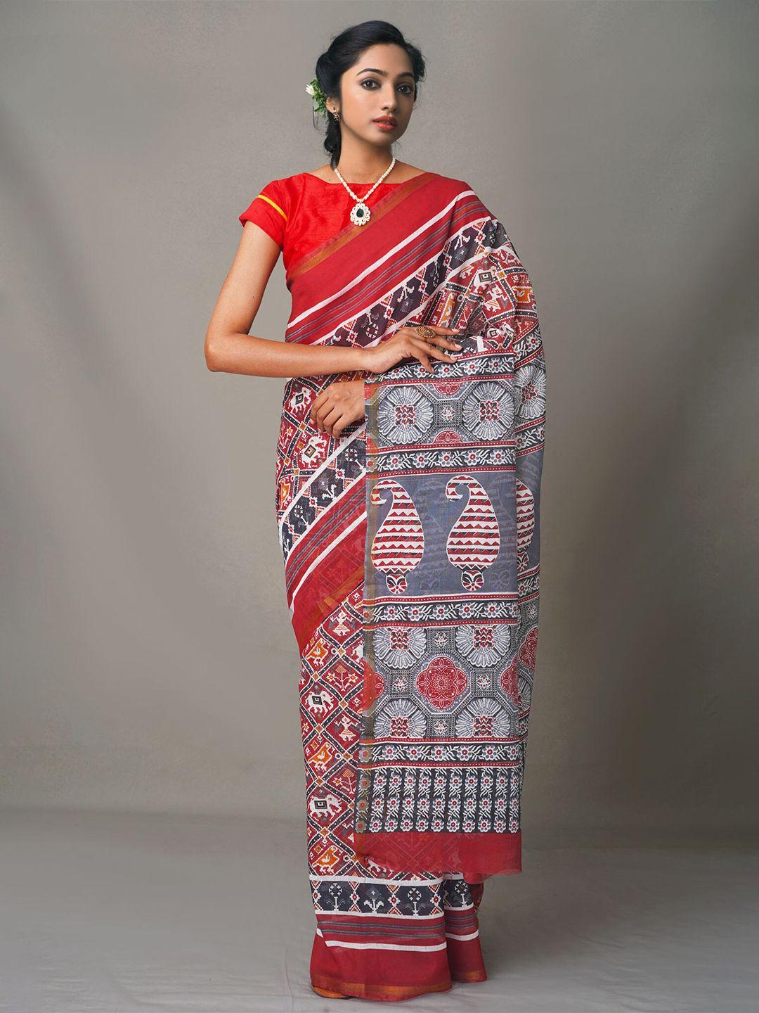 unnati silks red & white dabu silk cotton chanderi saree