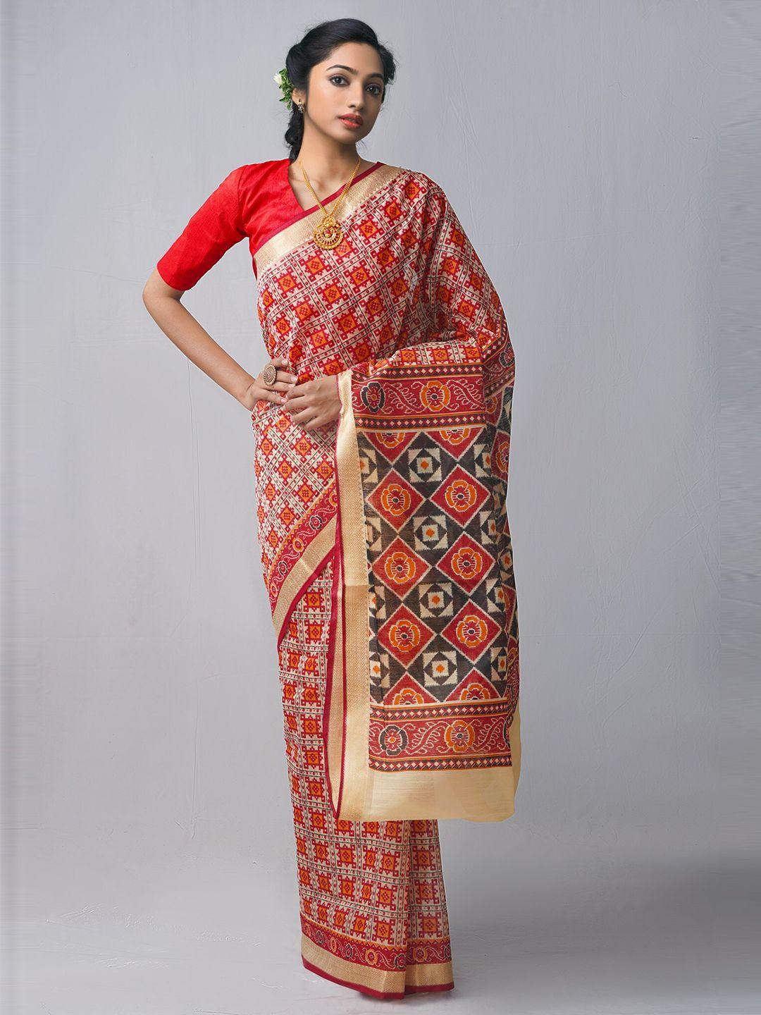 unnati silks red & white ethnic motifs silk cotton chanderi saree