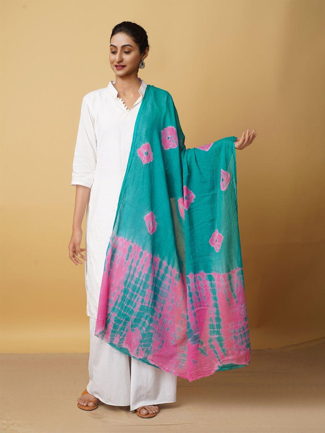unnati silks sea green & pink printed pure cotton shibori dupatta