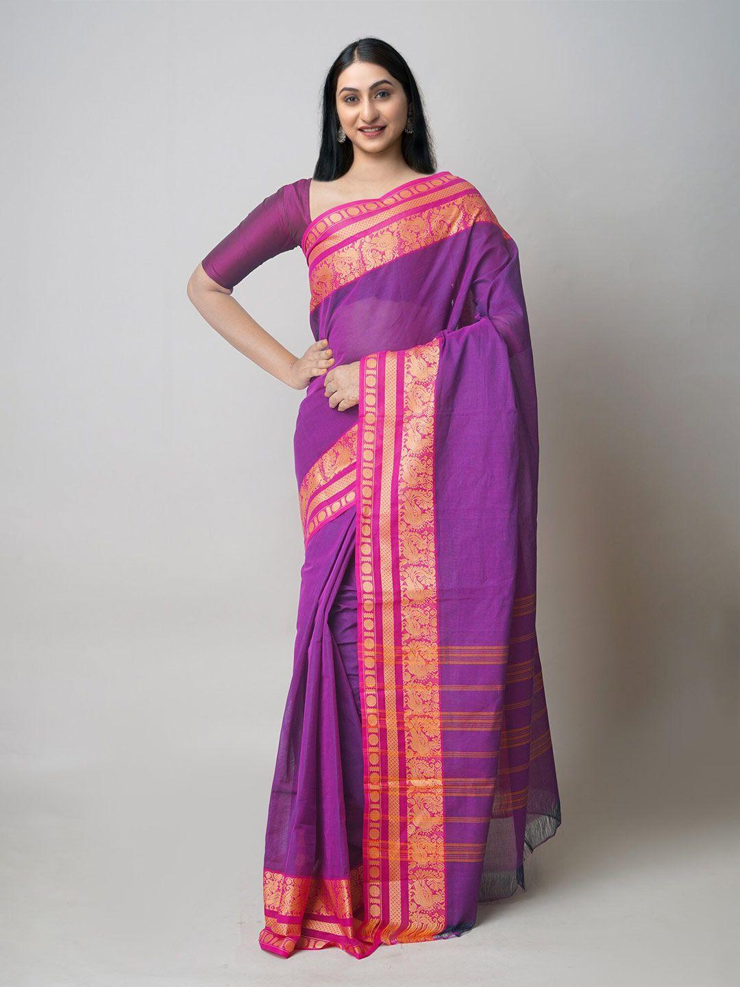 unnati silks violet & magenta zari pure cotton kanjeevaram saree