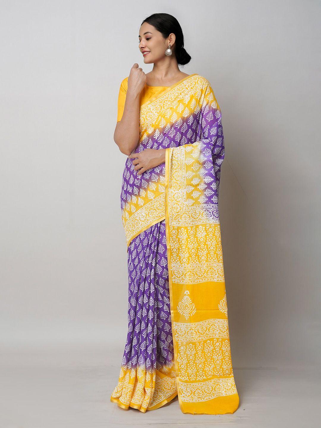 unnati silks violet & yellow ethnic motifs pure cotton handloom block print saree