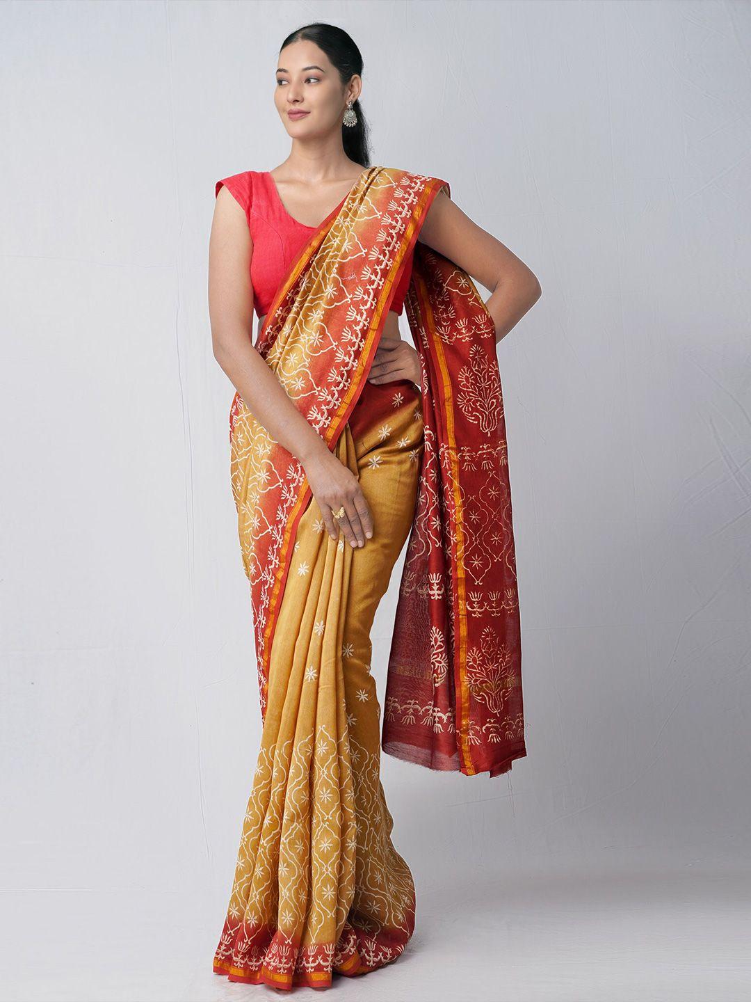 unnati silks women brown & mustard ethnic motifs zari silk cotton chanderi saree