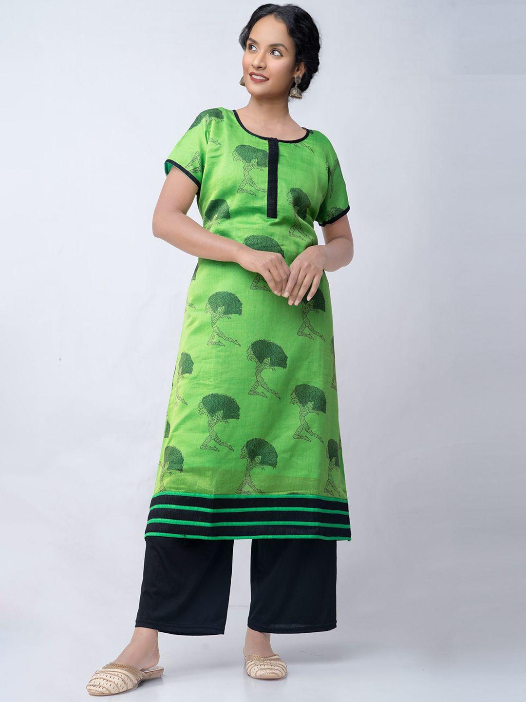 unnati silks women fluorescent green floral printed handloom kurta with lining