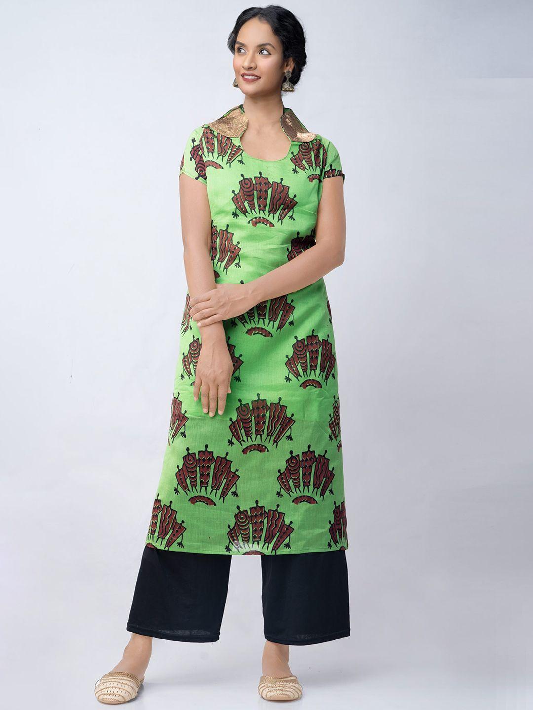 unnati silks women green & brown printed kurta