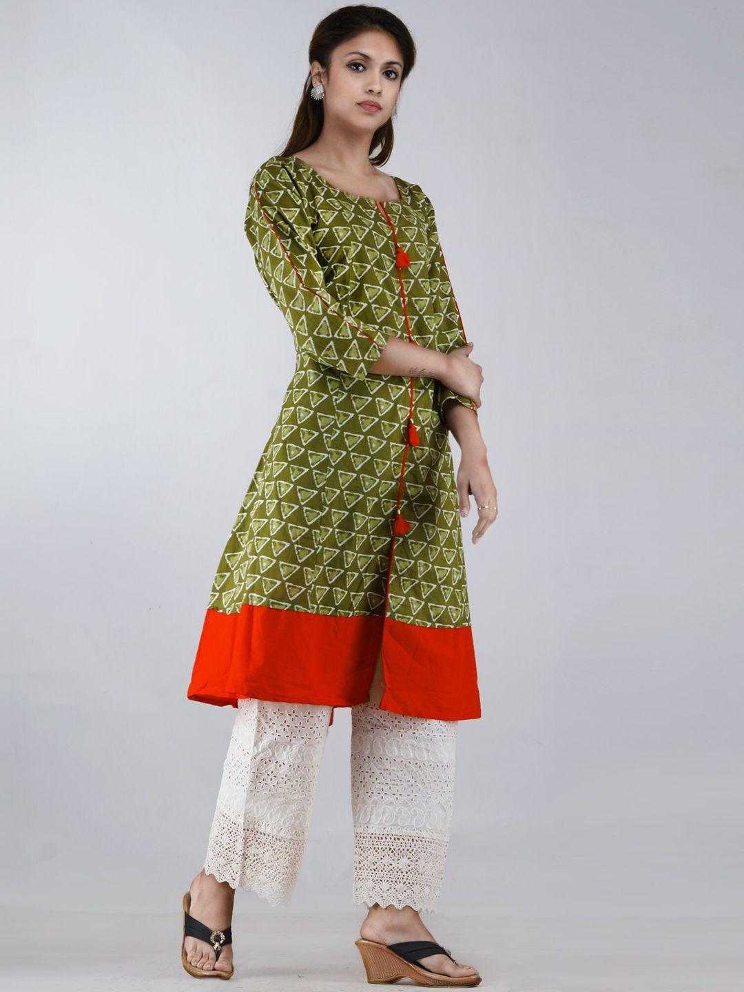 unnati silks women green pure bagru printed cotton kurta