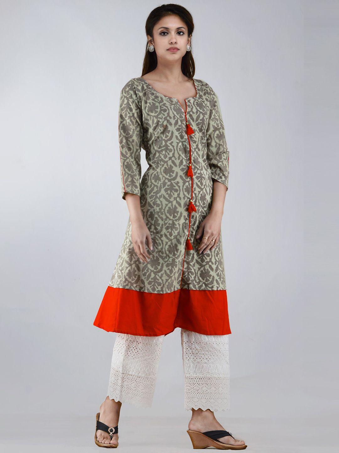 unnati silks women grey & red ethnic motifs printed cotton kurta