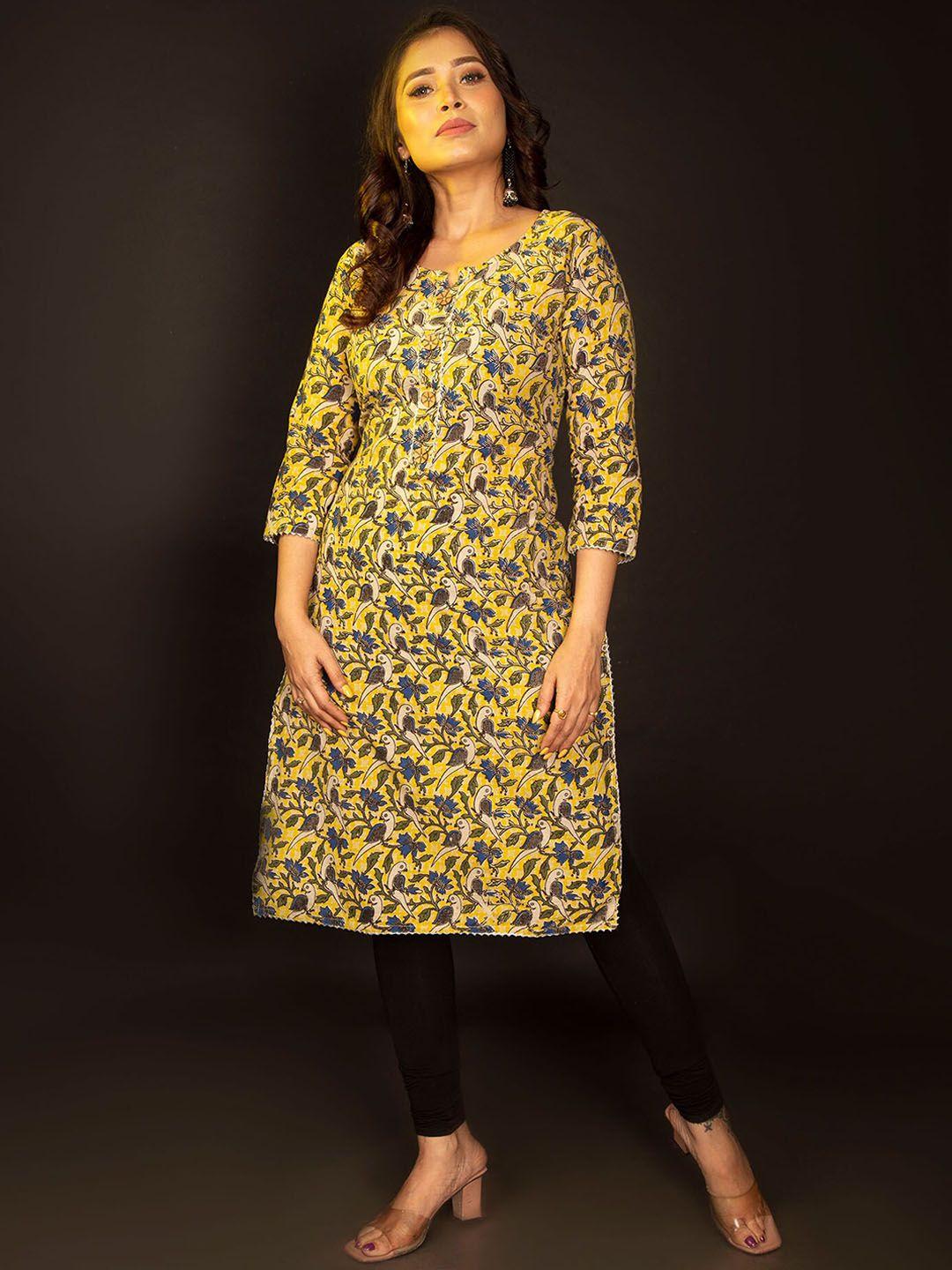 unnati silks women yellow floral printed mirror work floral handloom kurta