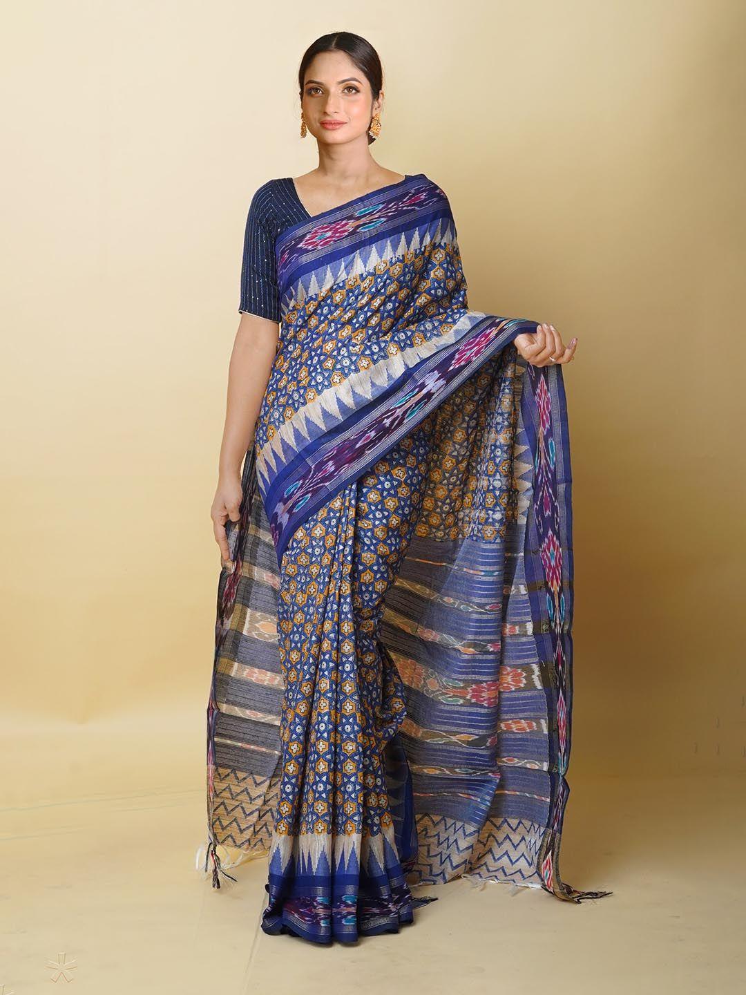 unnati silks yellow & blue ethnic motifs pure silk handloom tussar saree
