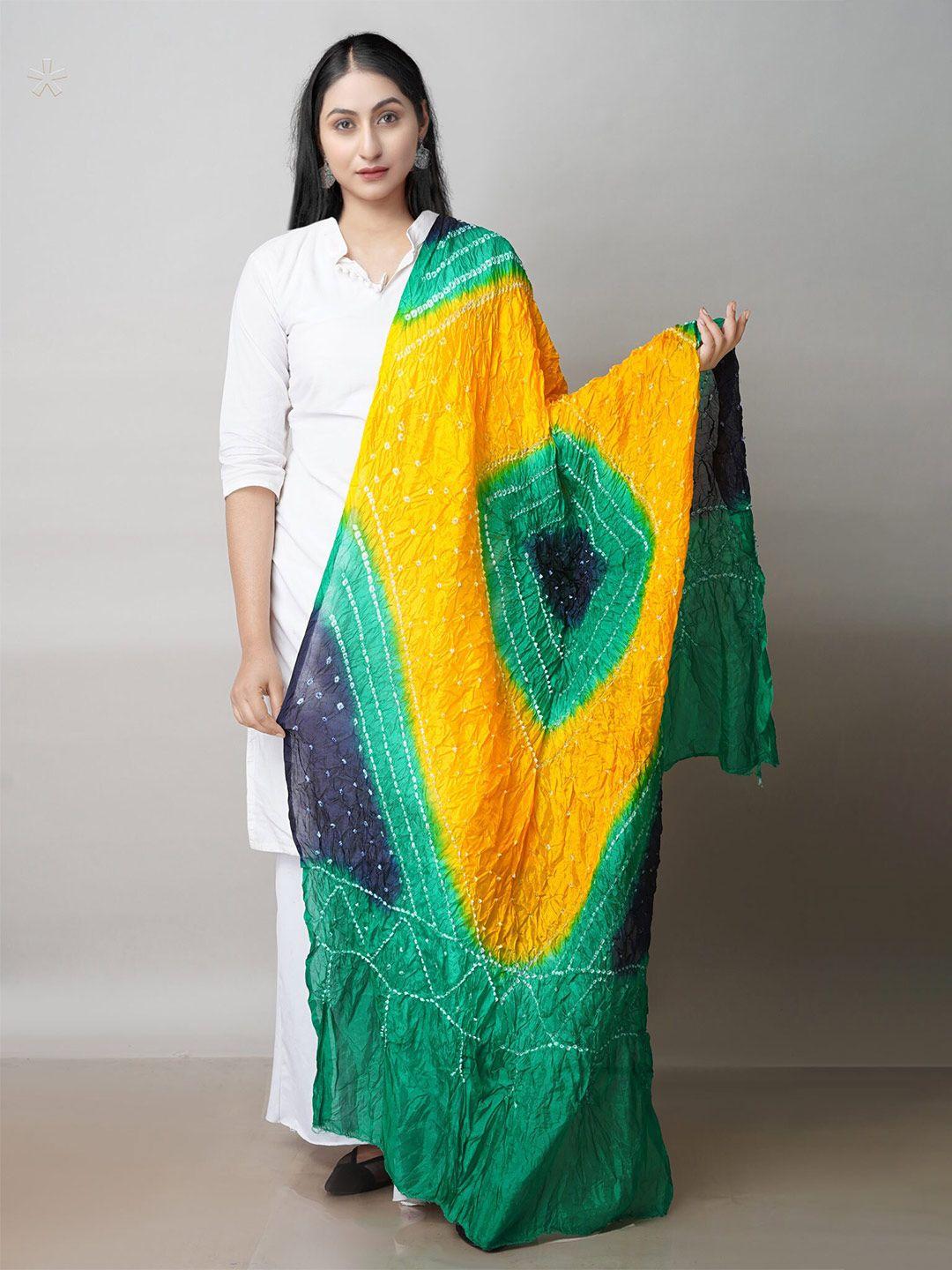 unnati silks yellow & green printed bandhani dupatta