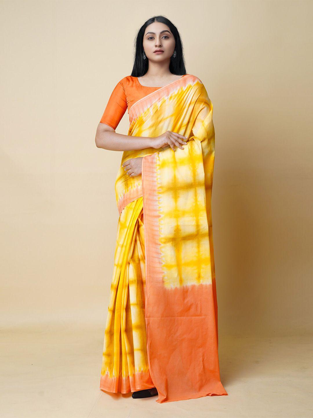 unnati silks yellow & orange tie and dye pure cotton saree