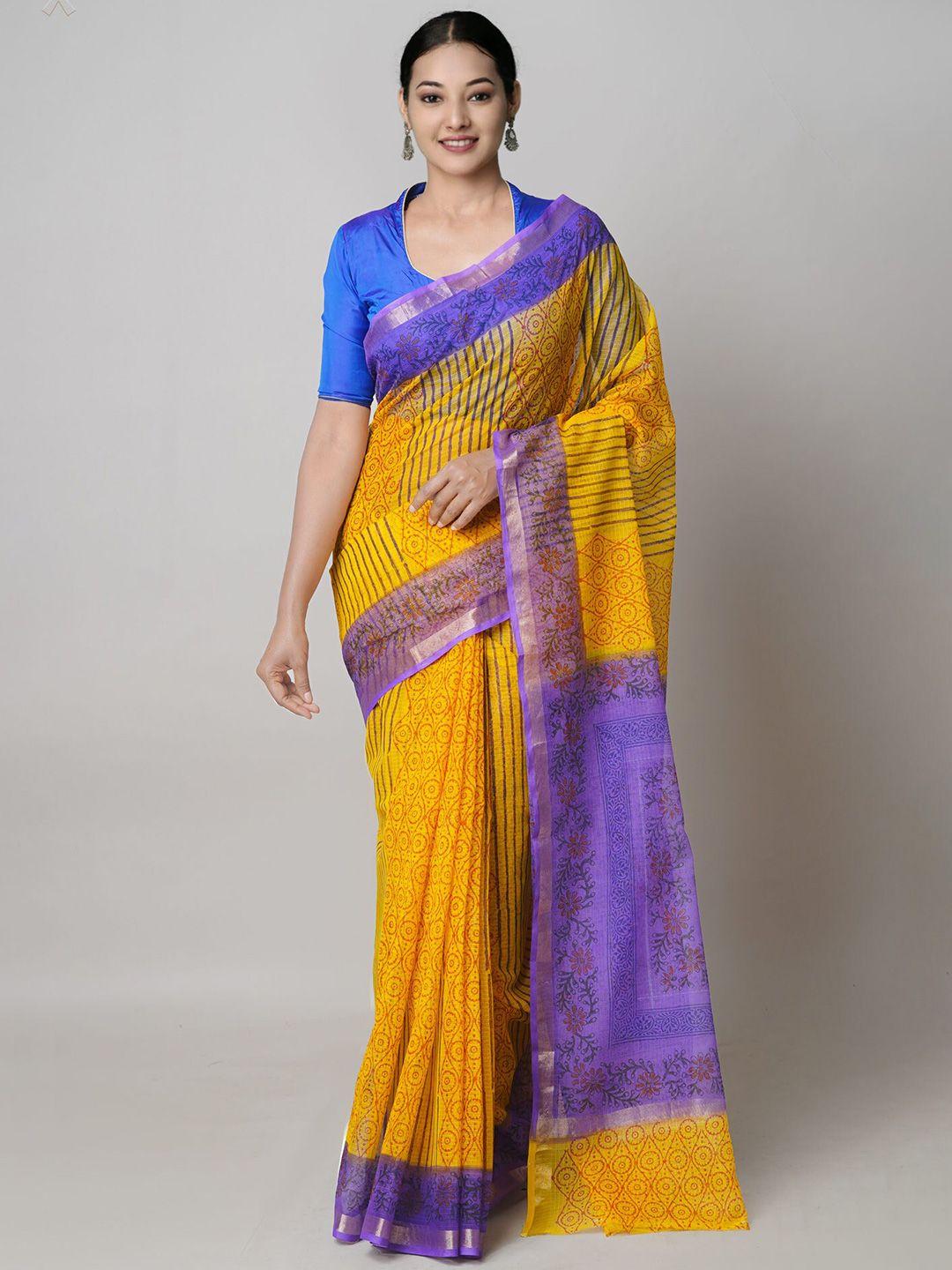 unnati silks yellow & purple ethnic motifs printed zari pure cotton kota saree