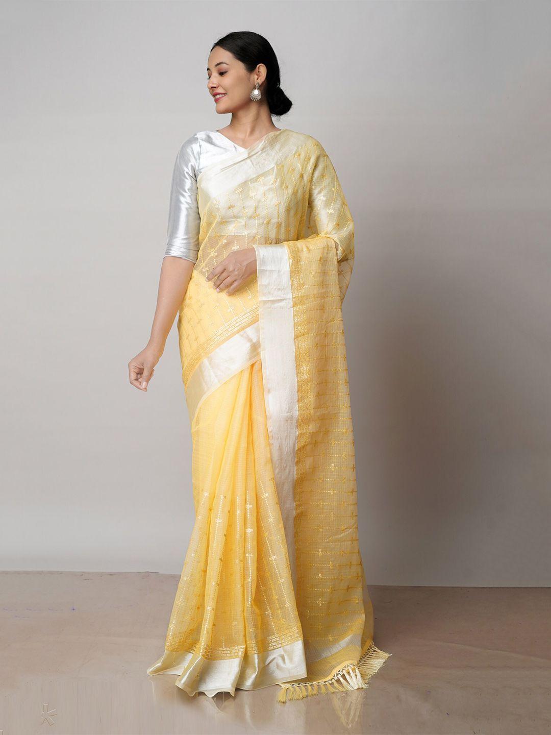 unnati silks yellow & silver-toned floral zari pure cotton handloom kota saree