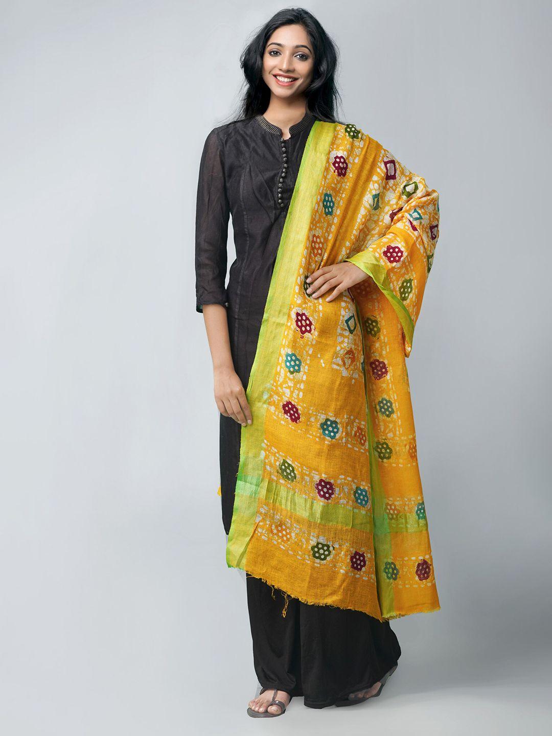 unnati silks yellow & white ethnic motifs dyed linen batik dupatta