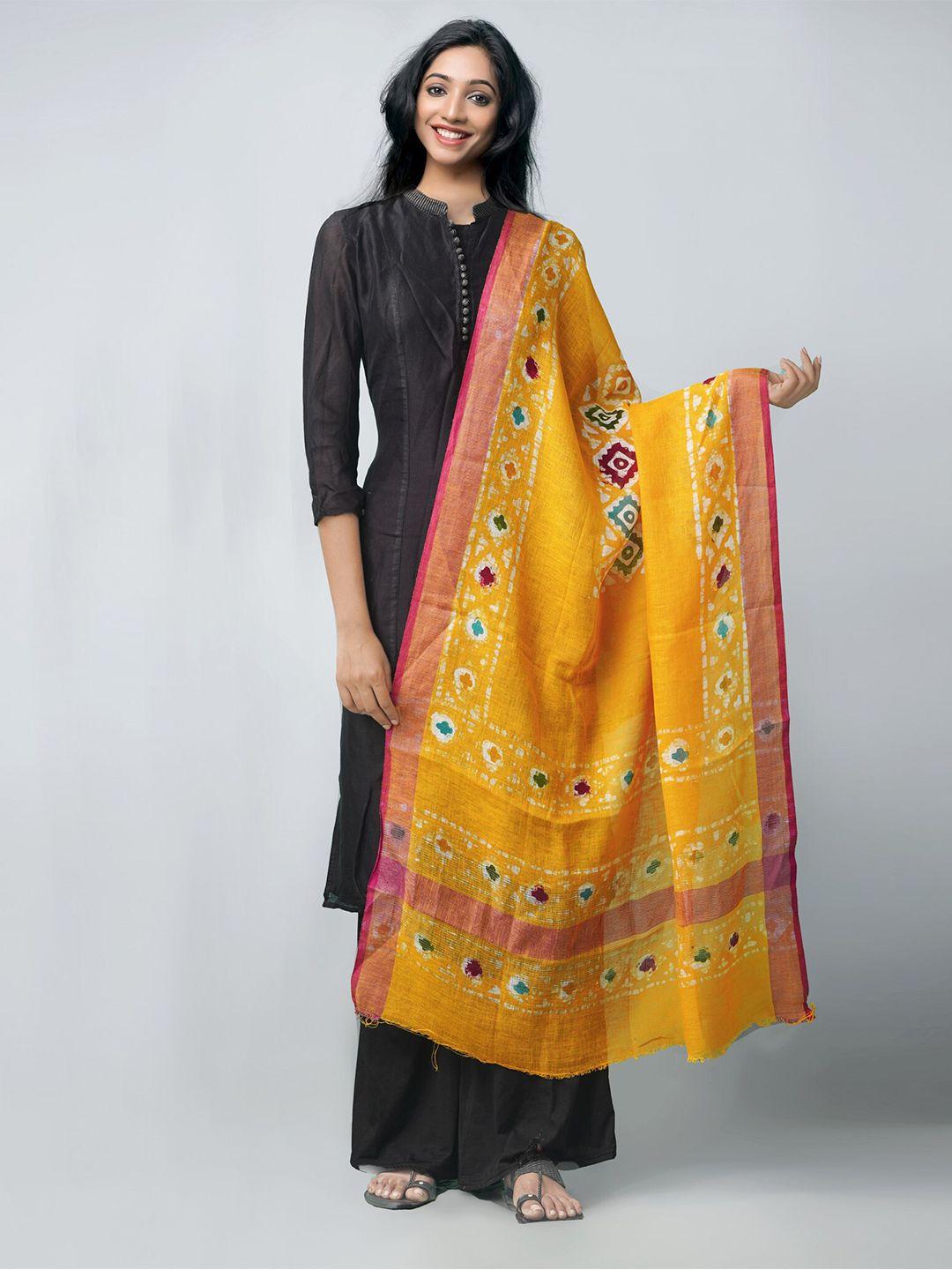 unnati silks yellow & white ethnic motifs dyed linen batik dupatta