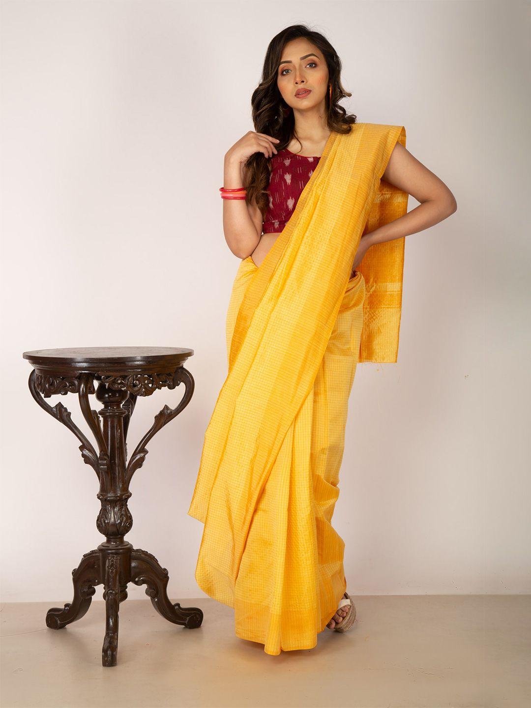 unnati silks yellow checked silk cotton mysore silk saree