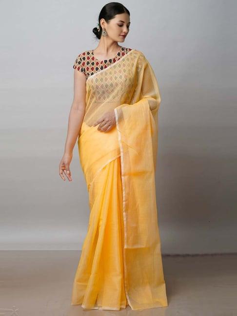 unnati silks yellow pure cotton saree with unstitched blouse