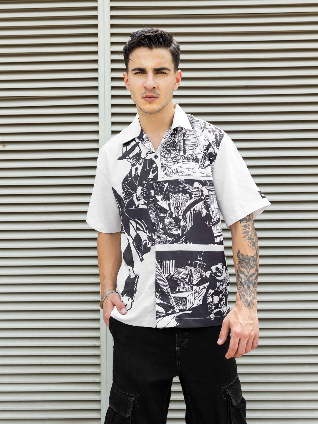 unrl abstract printed cuban collar relaxed fit casual shirt