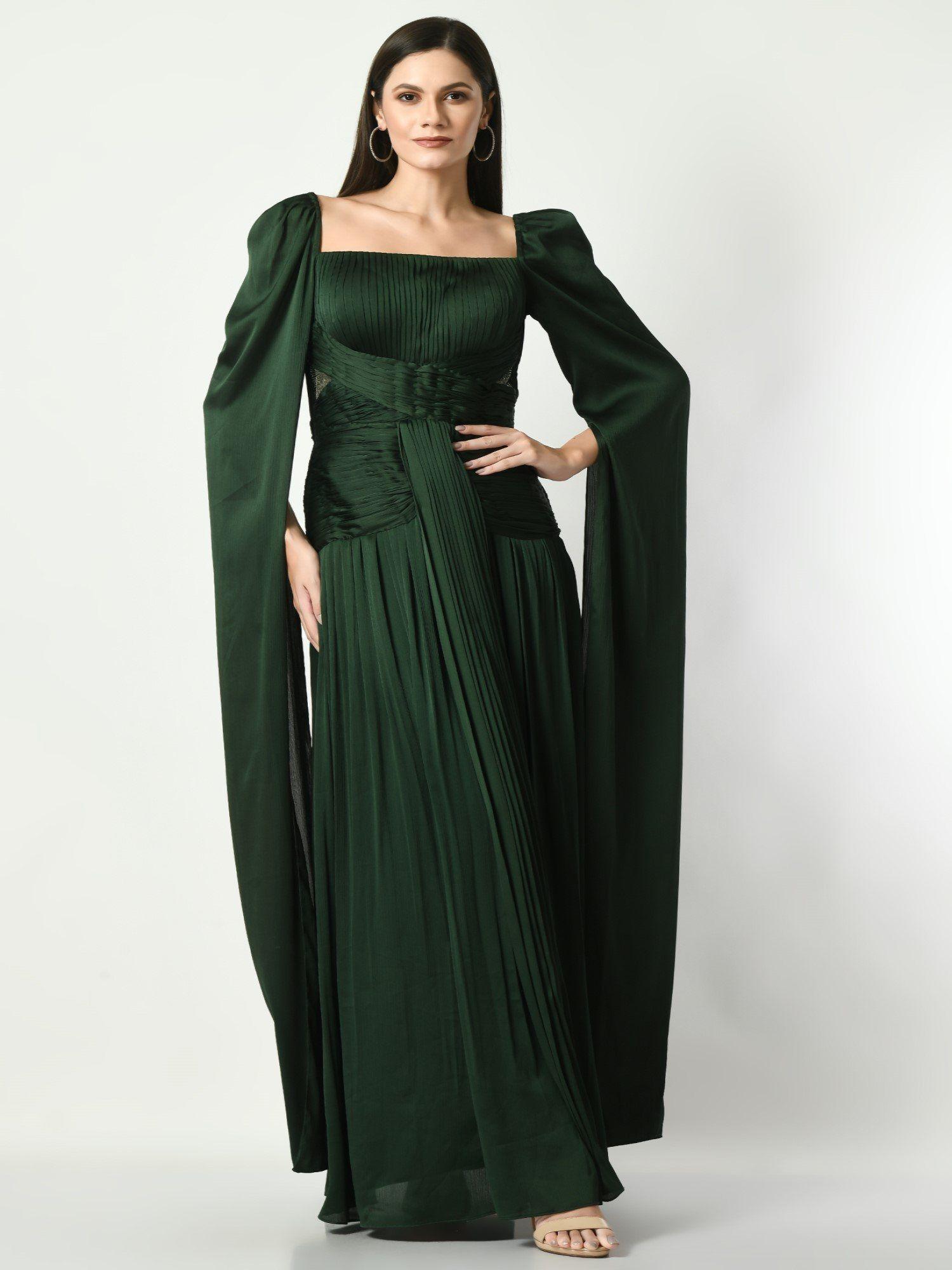 unspoken beauty - ruching gown in bottle green color