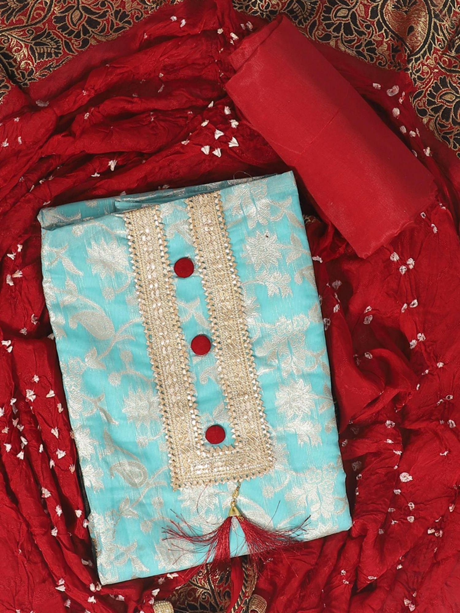 unstitched art silk dress material for women - sky blue & red