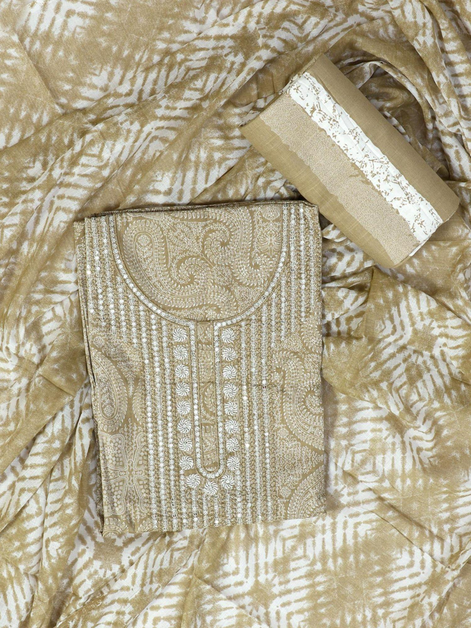 unstitched cotton dress material for women - bronze & white