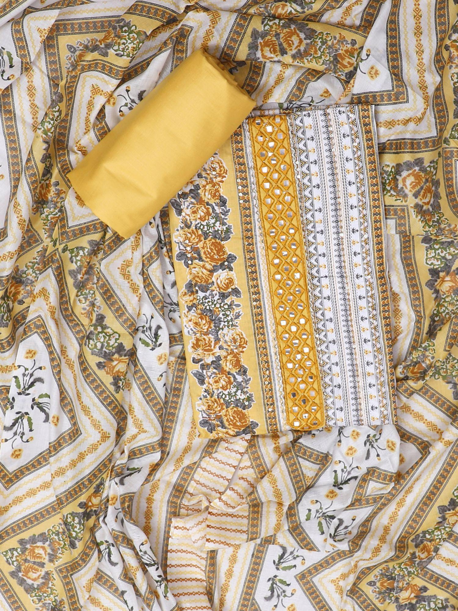 unstitched cotton dress material for women - yellow & white