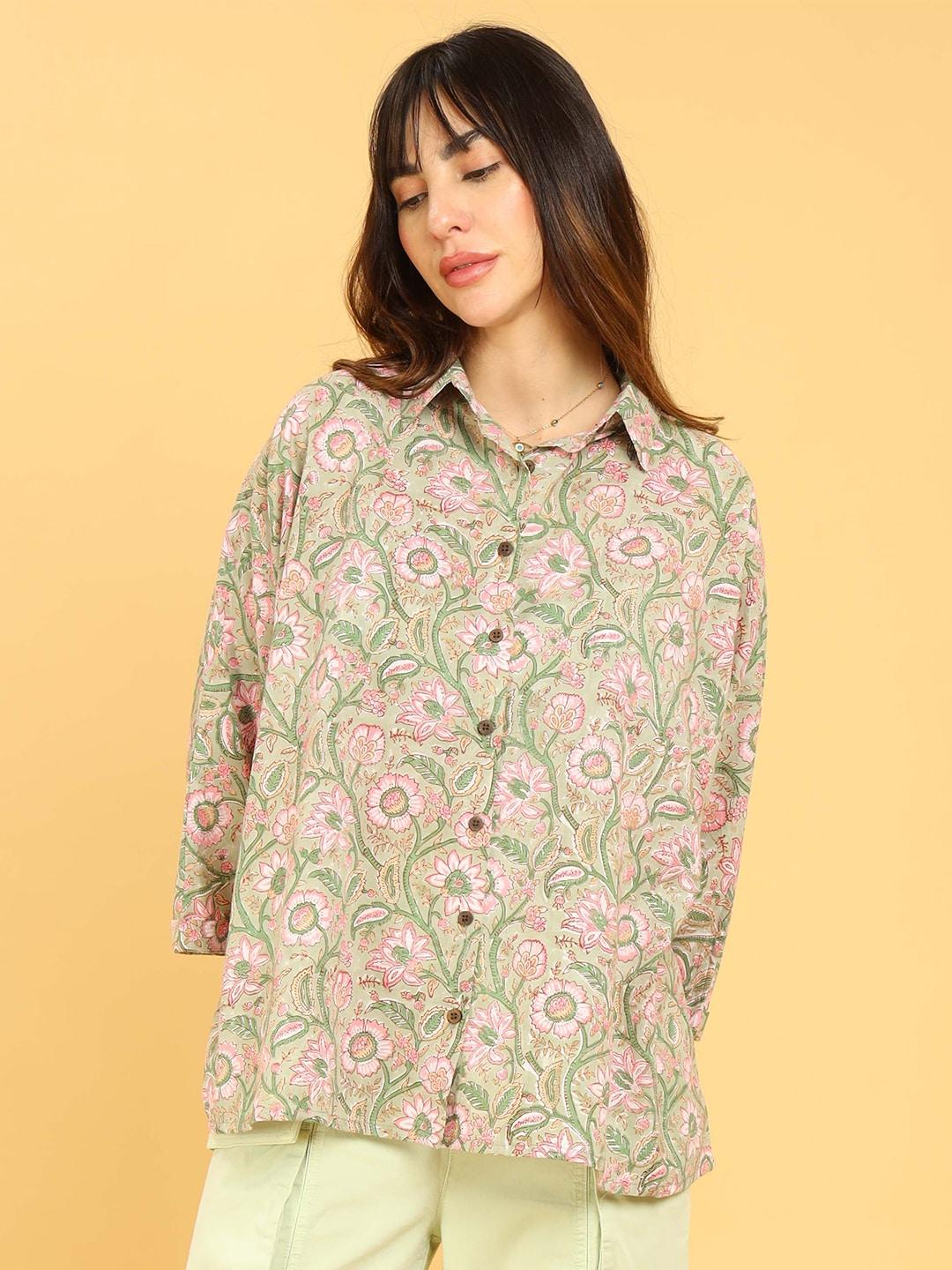 untung standard floral printed spread collar cotton oversized casual shirt