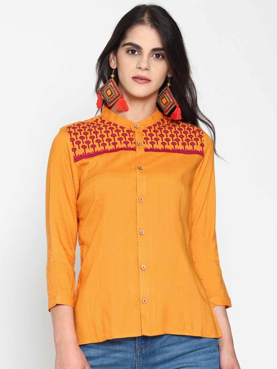 untung standard mandarin collar opaque casual shirt with embroidered yoke