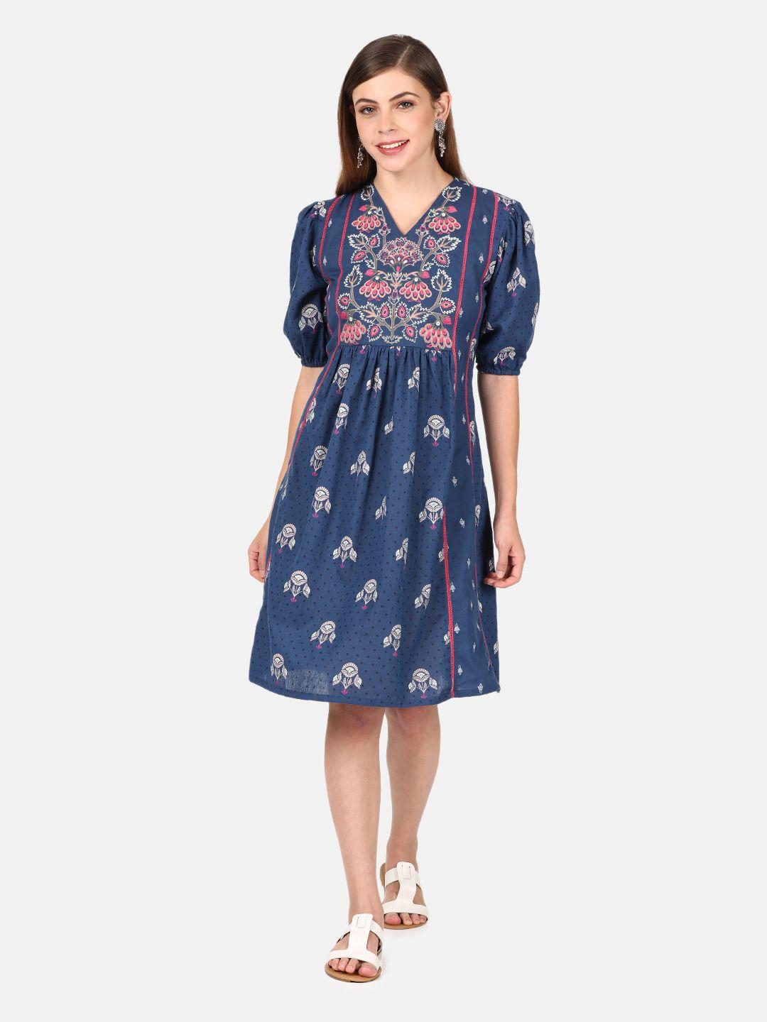 untung blue & white ethnic motifs embroidered cotton a-line dress