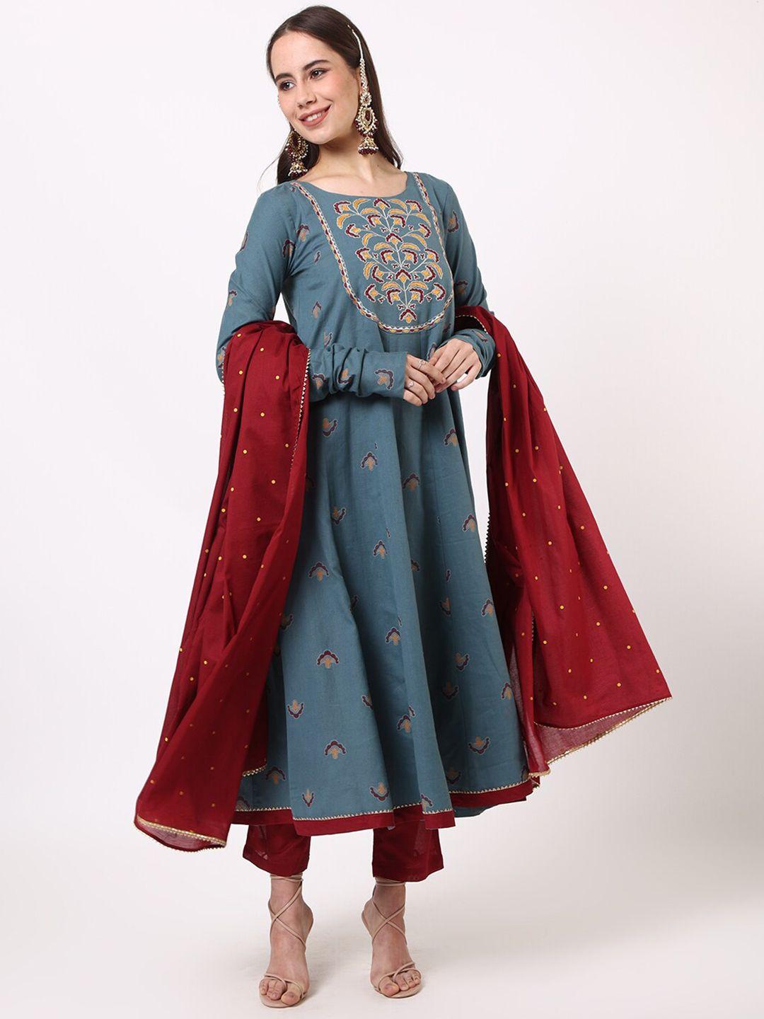 untung ethnic motif embroidered anarkali pure cotton kurta & trousers with dupatta