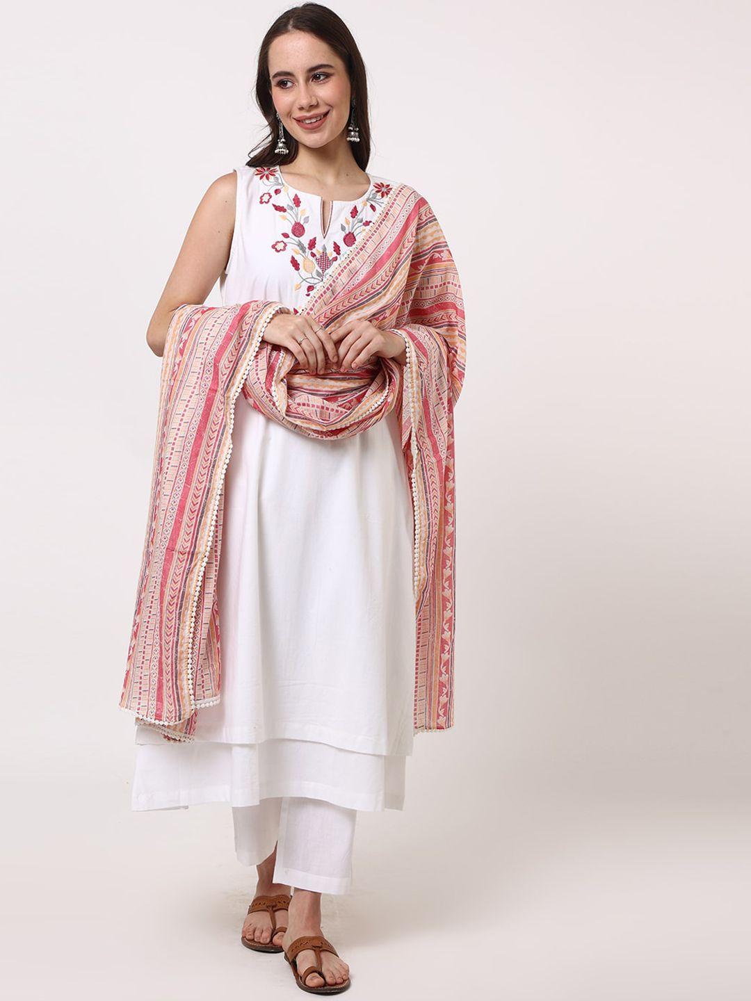 untung floral embroidered yoke design layered pure cotton kurta & trousers with dupatta