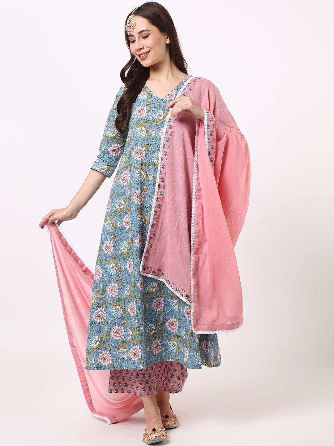 untung floral printed anarkali pure cotton kurta & trousers with dupatta
