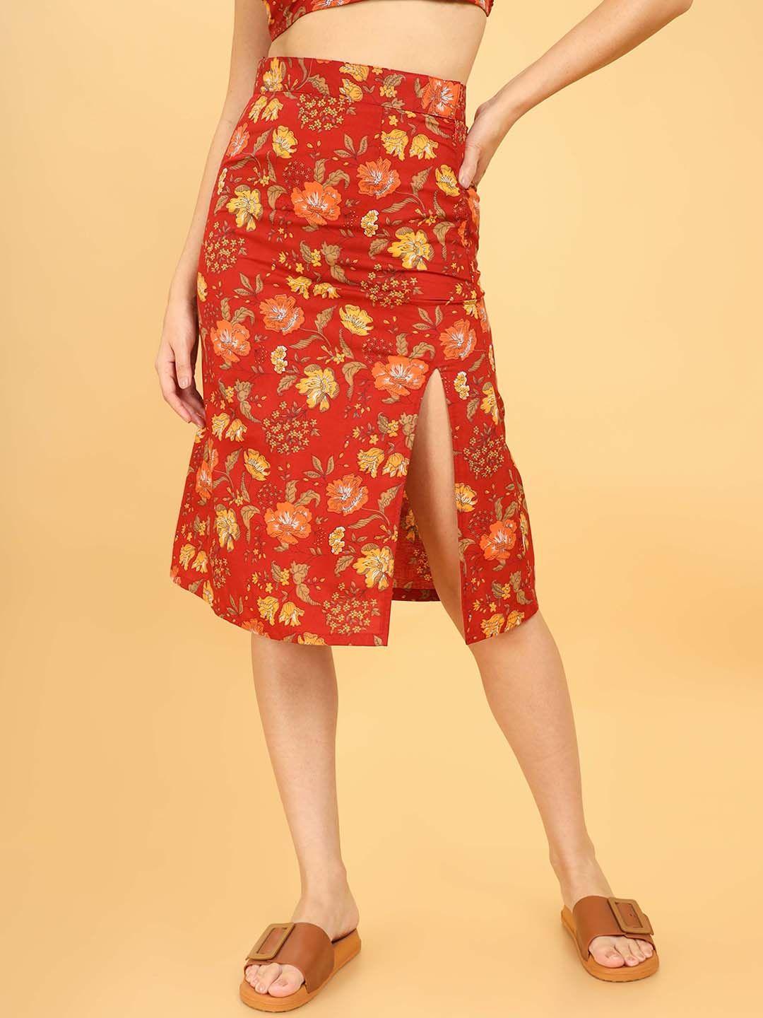 untung floral printed pure cotton fitted skirt with slit