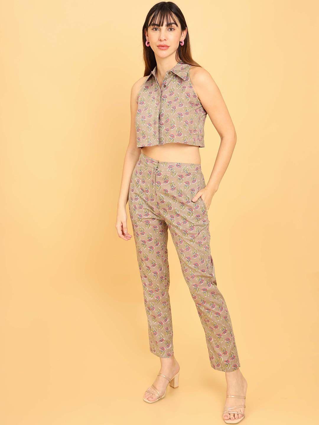 untung floral printed shirt-collar pure cotton crop top with trouser