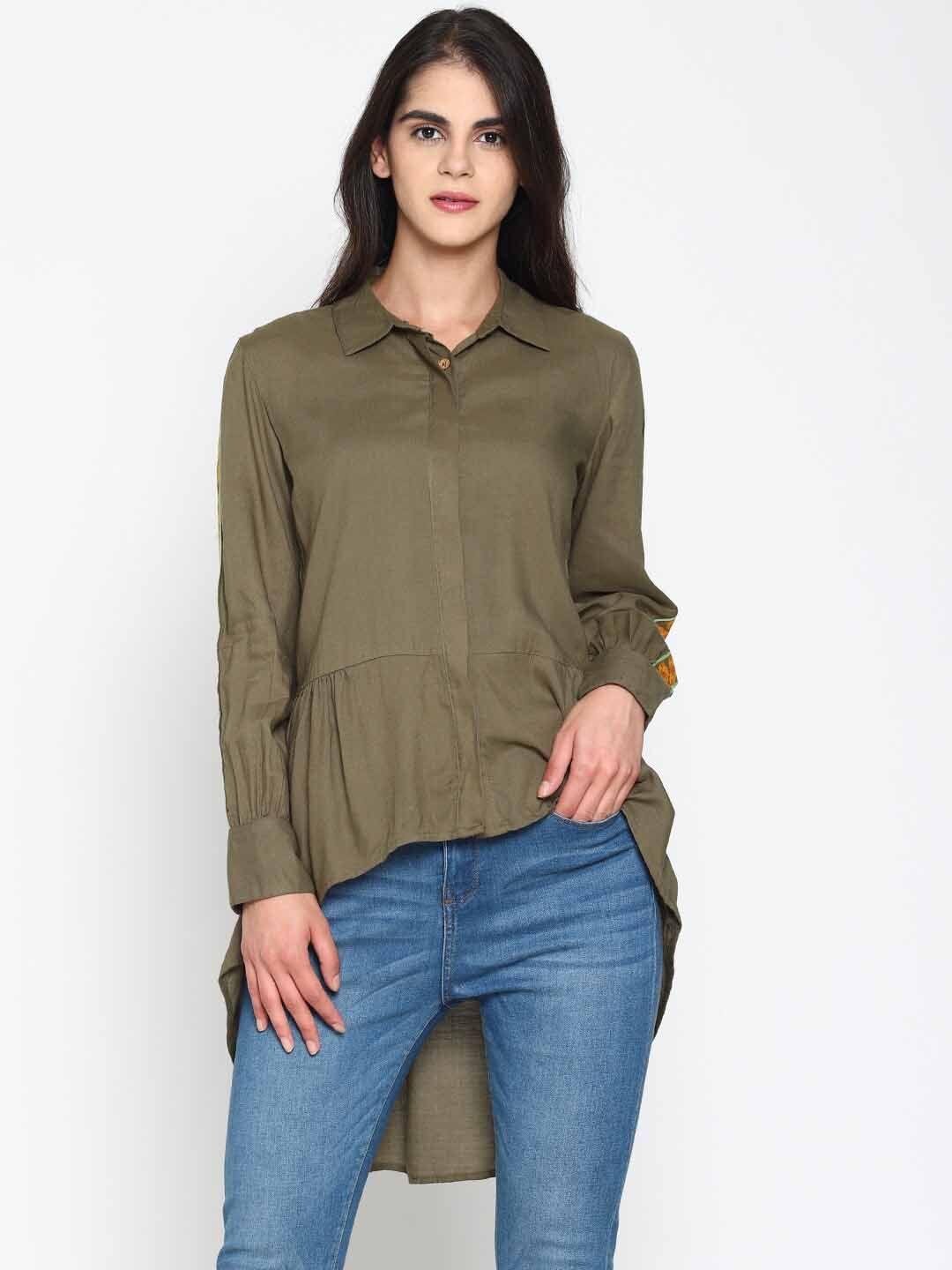 untung standard raglan sleeves casual shirt with high-low hem & embroidered sleeves