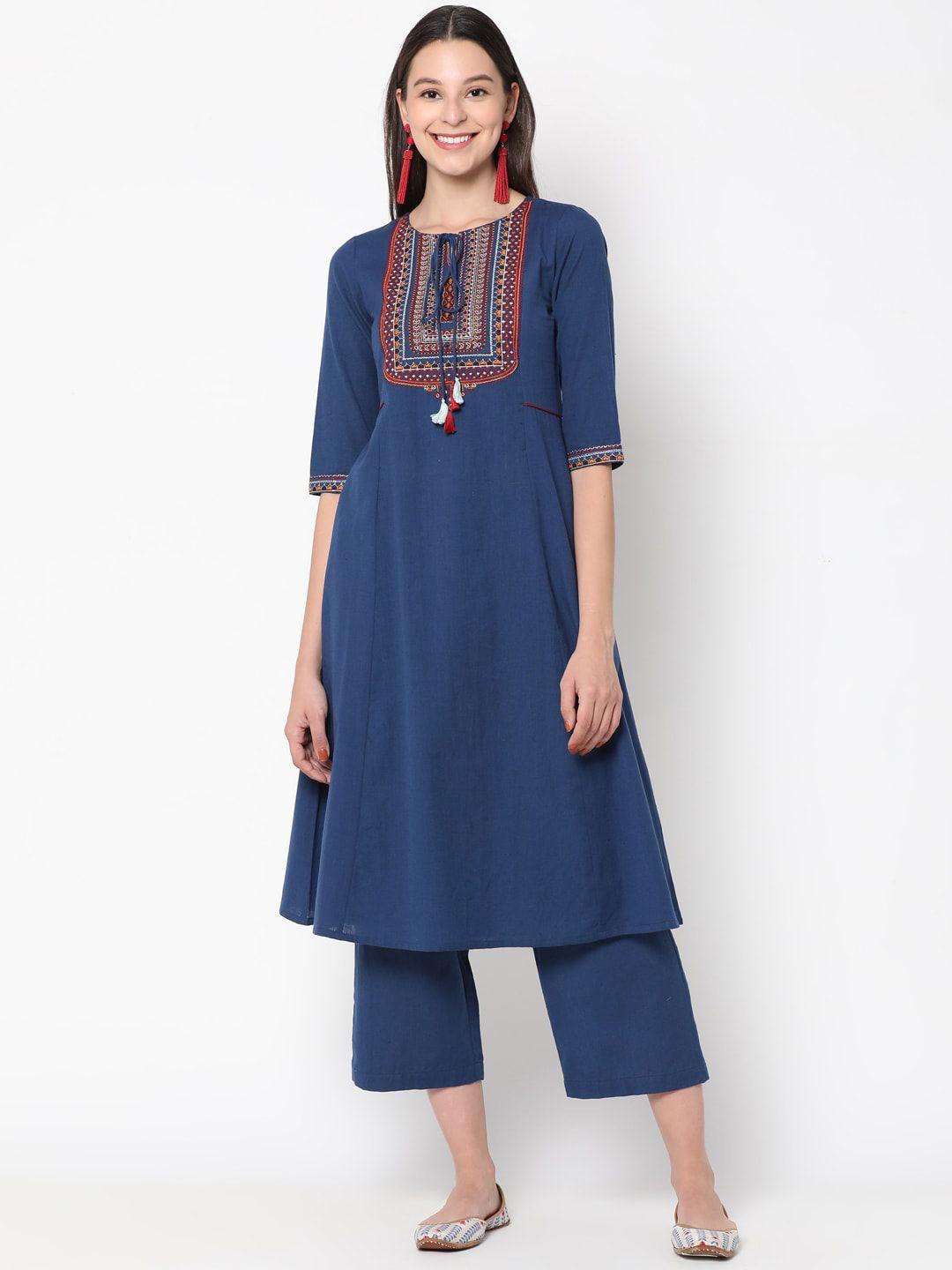untung women blue floral embroidered thread work pure cotton kurta with trousers