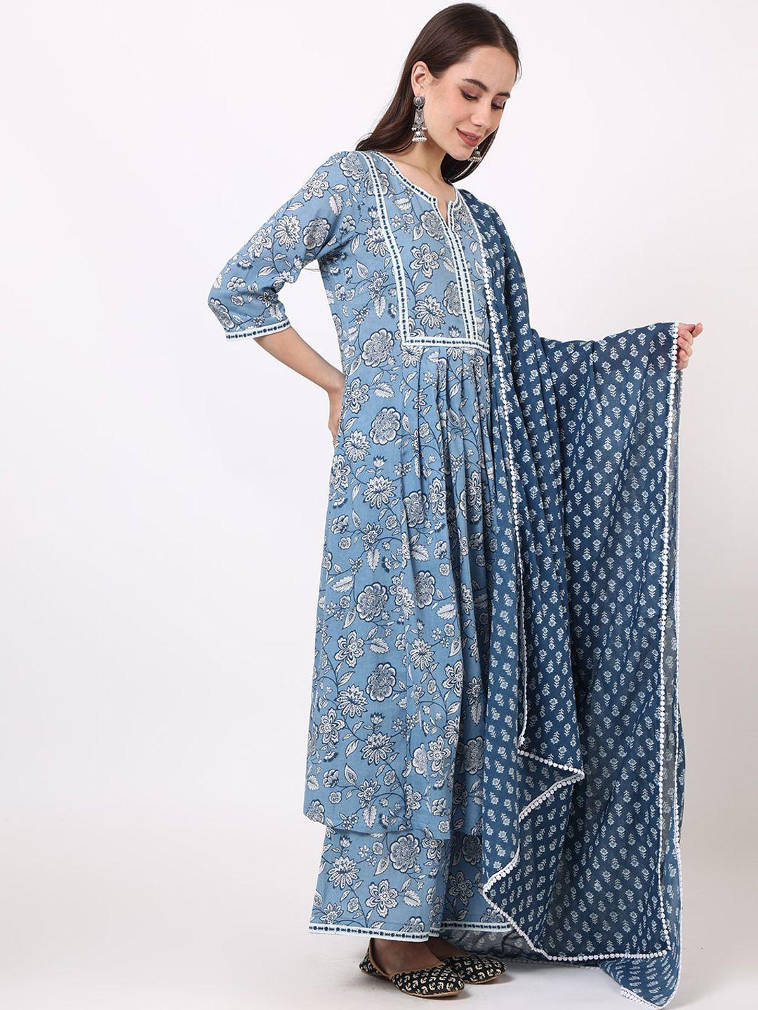 untung women blue floral printed regular pure cotton kurta with palazzos & with dupatta
