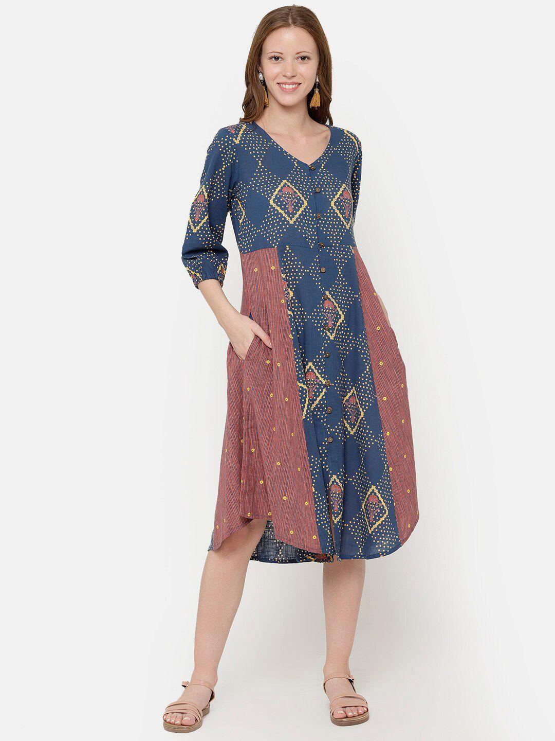 untung women blue geometric printed cotton a-line dress