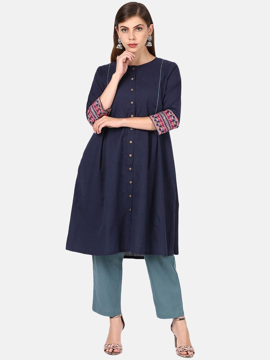 untung women navy blue pure cotton kurta with trousers