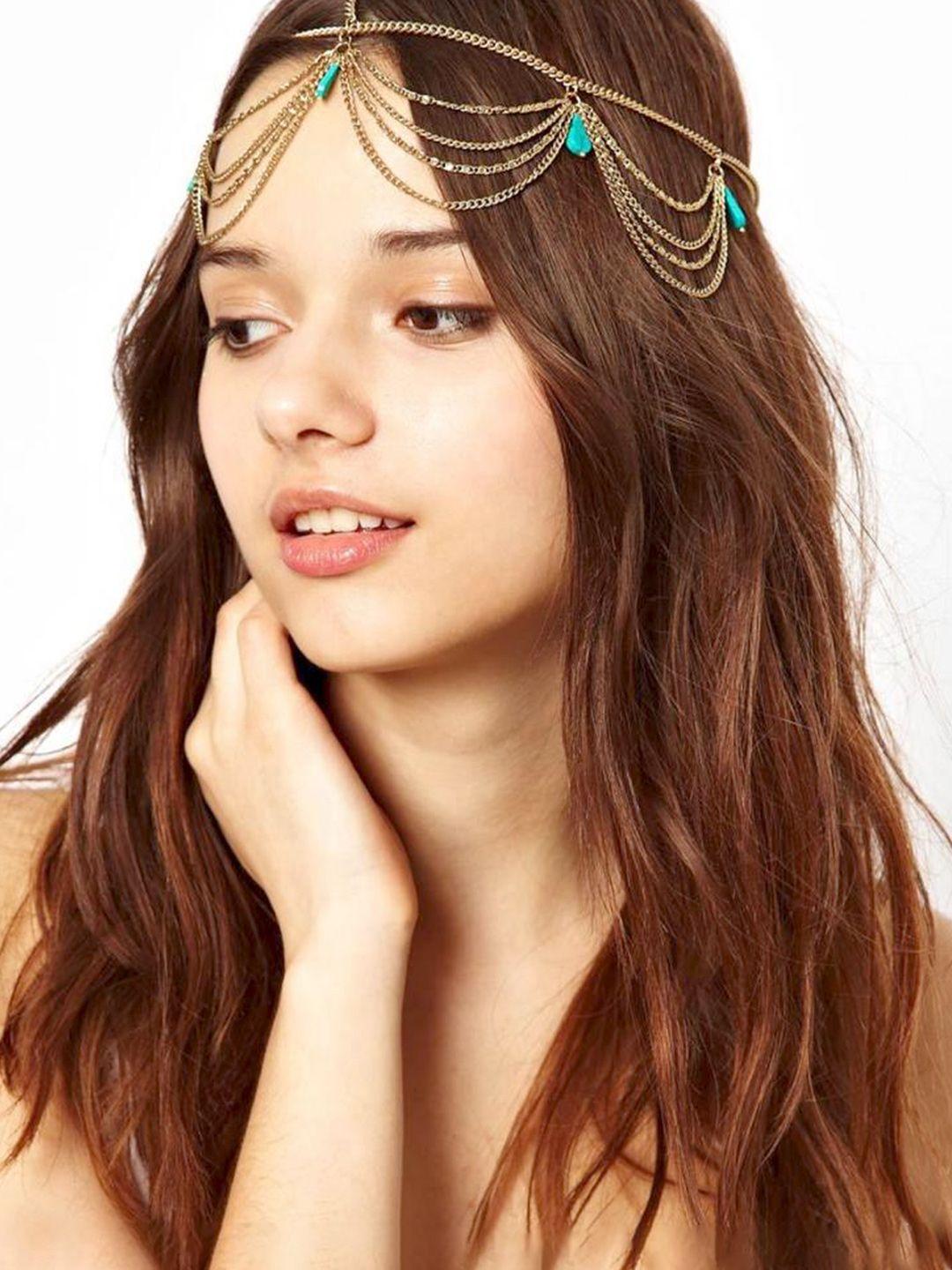 unwind by yellow chimes gold-toned & blue stone-studded multi-layered head chain