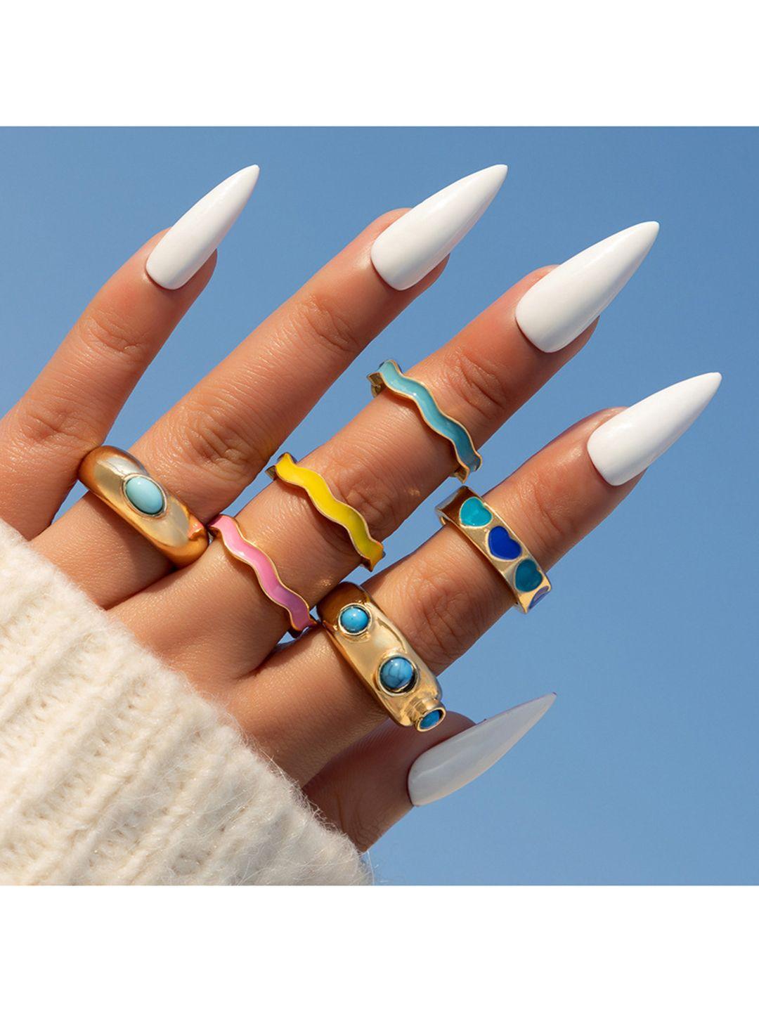 unwind by yellow chimes set of 5 gold-plated blue knuckle finger ring