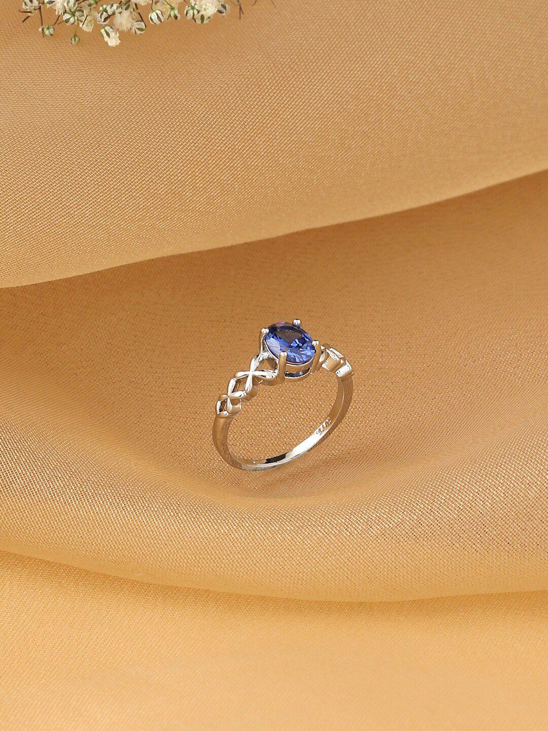 unwind by yellow chimes silver-plated blue crystal studded finger ring