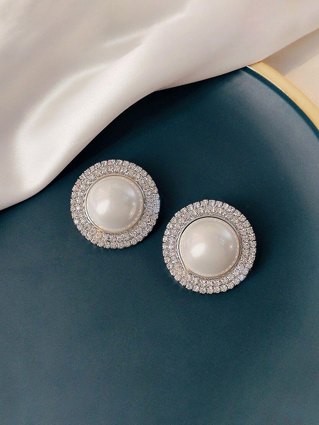 unwind by yellow chimes silver-toned white pearl & crystal studded circular stud earrings
