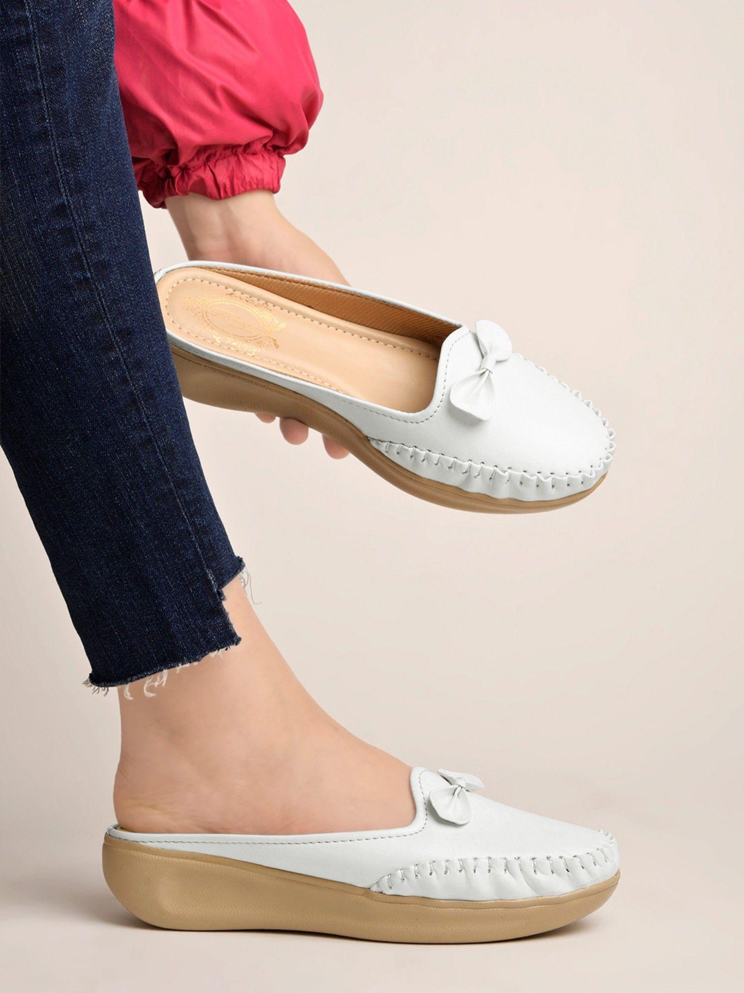 upper bow detailed white slip-on loafers for girls