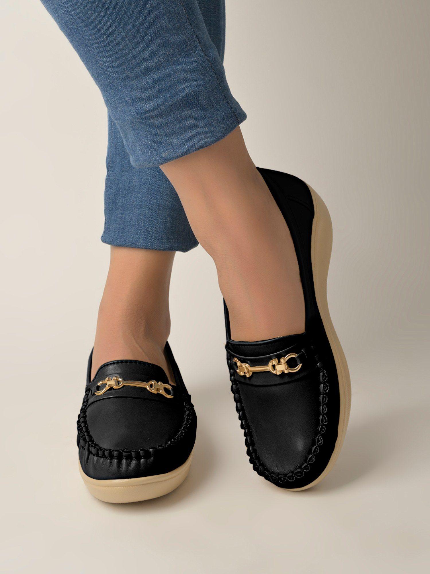 upper metalic buckle detailed black loafers for girls