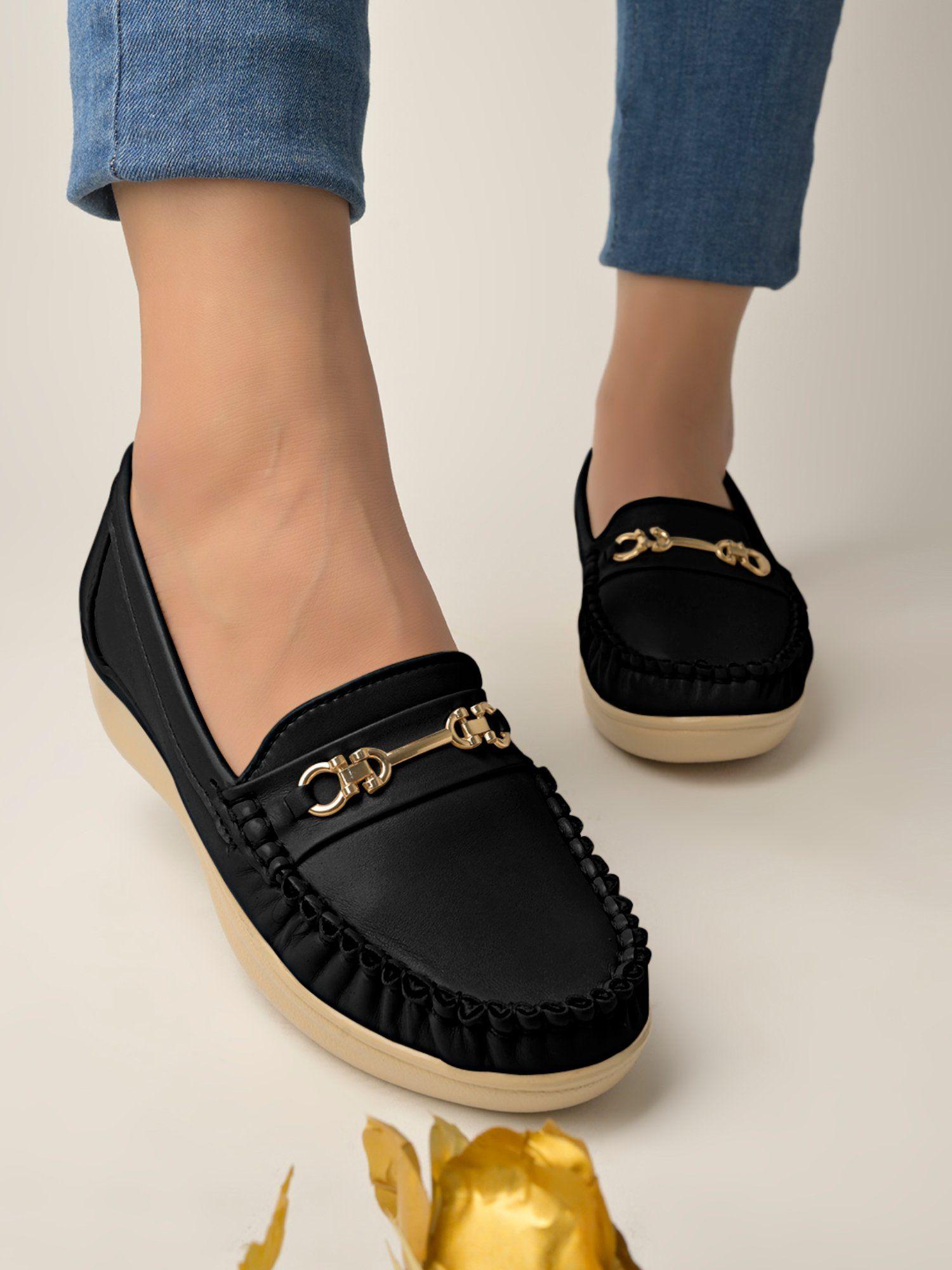 upper metallic buckle detailed black loafers for women & girls